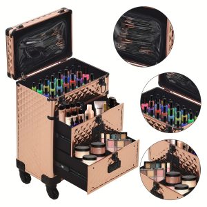 Rose Golden 3-in-1 Rolling Makeup Case with Nail Polish Organizer, 2 Drawers & Secure Black Lock - Stylish & Durable Beauty Train Storage for Travel, 35x23x49cm, Spacious Compartments, Aluminium + MDF + Metal + Plastic + Polyester