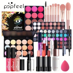POPFEEL Beginner'S Face Makeup Kit, Non-Dyeing Concealer, Eye Liner, Eyebrow Pencil, Lipstick, Eyeshadow Palette, Pink, Purple, Red, Yellow for Face