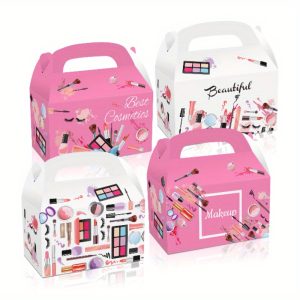 24pcs Pink/White/Cosmetics Theme Party Gift Box Set, Perfect for Boys and Girls Birthday Celebrations, with Paper Lid and Handle, Designed for Pink/White/Cosmetics Theme Parties