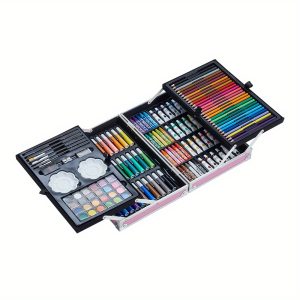 145 Double-Layer Aluminum Box Brush Set, Art Painting Tools, Watercolor Pens, Brushes, Crayons, Paint Gift Box, 145 Aluminum Box, 34.5*23*9CM, Pink