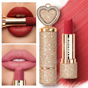 6-Pack Matte Lipstick Set, Long-Lasting Waterproof, Moisturizing and Non-Sticky, Love Heart Design, Golden Finish, Suitable for All Light Beige Types