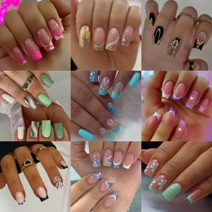 216pcs Ballet Shape Press-On Nails Set, Medium Length, Mixed Color French Ombre & Love Heart Gradient Designs, Striped Patterns, Glossy Finish, Reusable Adhesive Nail Tips Combo Pack