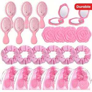 24-Piece Pink Princess Party Favors Set - Durable Hairbrush, Hair Tie, Pocket Mirror & Mesh Bag - Ideal for Wedding, Bachelorette, Gender Reveal & Birthday Celebrations