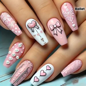 24pcs Elegant Ballet Nail Tips Set, Mixed Color Glossy Finish with Butterfly Bow & Pearl Accents, Pre-designed Full Cover False Nails for Women and Girls