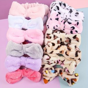 12pcs Elegant Leopard Print & Solid Color Bowknot Hair Scrunchies - Soft Plush Elastic Bands for Women, Perfect for Makeup, Bath Time & Styling, Fashionable Hair Accessories Set