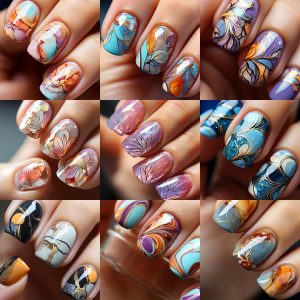 216pcs Short Square Mixed Color Gradient Flower Irregular Stripe Marble Pattern Fashion Nail Art Kit with Full Coverage Press-On Fake Nails in 9 Different Styles