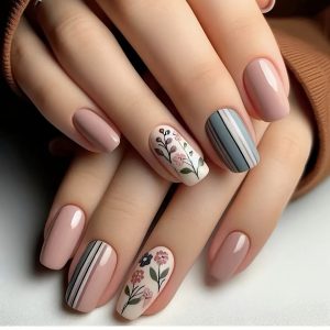 24pcs Elegant Floral & Stripe Press-On Nail Set in Pink, Beige & Gray - Medium Almond Shape with Glossy Finish, Reusable False Nails for Women, Nail Accessories