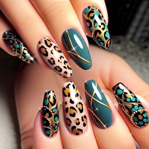 24pcs Medium-Long Ballet Shaped Press-On Nails - Green Leopard Print & Teal Ombre with Golden Accents, Removable Full Coverage Acrylic Nail Art for Stylish Manicures, Nail Art Supplies, Nail Salons, Salon Quality Nails, Durable Nail Extensions