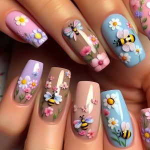 Mixed Color Glossy Finish Floral Bee Nail Art Set - Square Shape Medium Length Press-On Nails with Flower Patterns for Spring & Summer