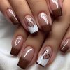 24pcs Set of Medium-Sized Square Fake Nails - Brown French White Gradient Heart Design, Diverse Styles, Fashionable Manicure, Vibrant Nail Art | Pattern Embossing | Intricate Birthday Gift Nail Design, Matte Finish Nail Accessories for Sparkling Fingers, Perfect for Parties, Dancing, and Daily Wear, Detachable and Reusable.