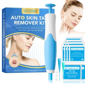 2-IN-1 Auto Skin Tag Removal Tool Kit Painless Skin Label Mole Acne Wart Removal Pen with Cleansing Swabs Facial Skin Care Tool