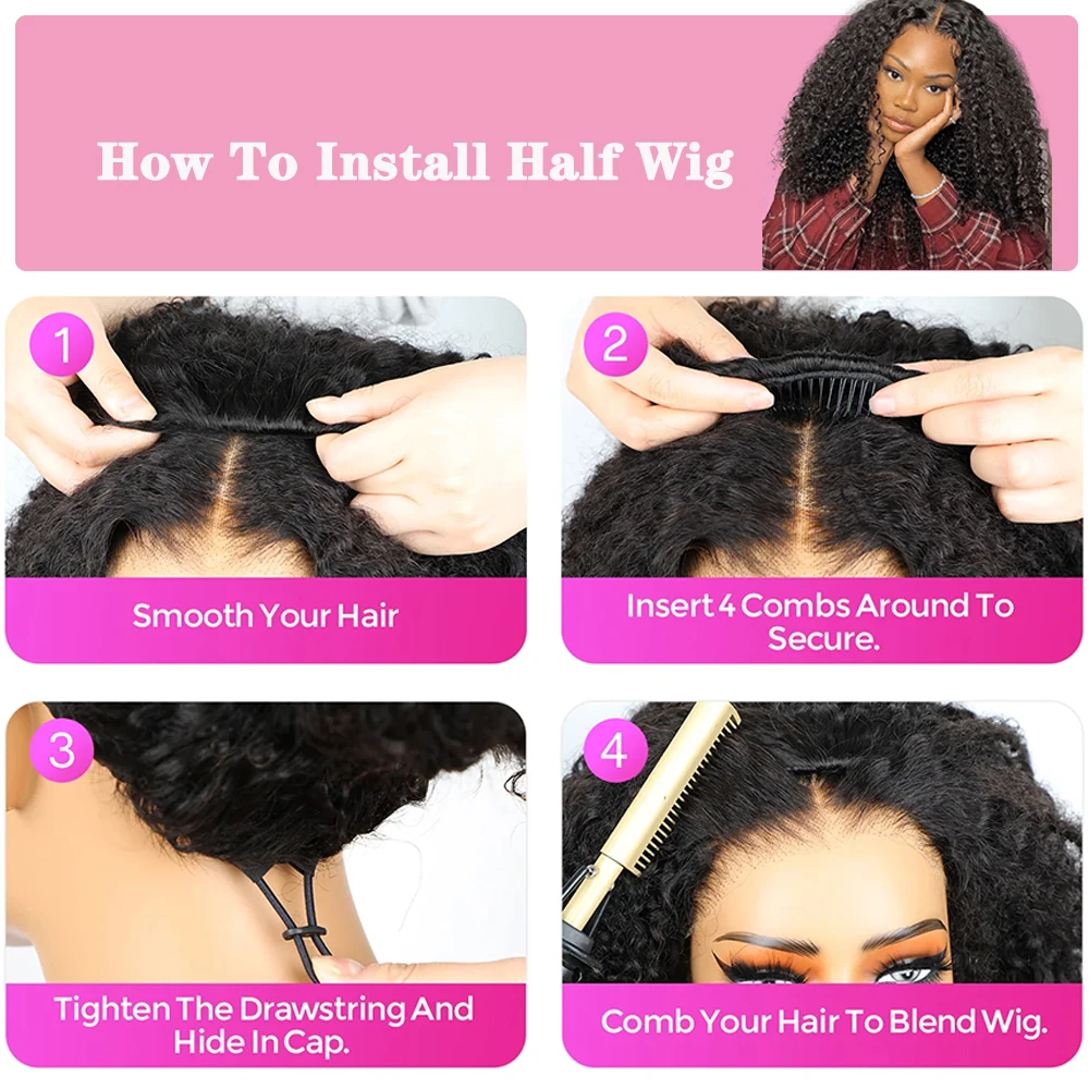 Beginner Friendly 3 In 1 Half Wig Human Hair Kinky Curly Coily Half Wig Invisible Drawstring Glueless Curly Flip Over Wig 180% - Image 4