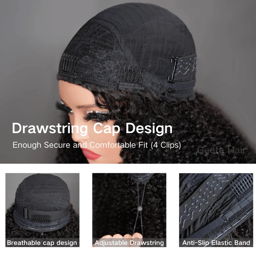 Beginner Friendly 3 In 1 Half Wig Human Hair Kinky Curly Coily Half Wig Invisible Drawstring Glueless Curly Flip Over Wig 180% - Image 3
